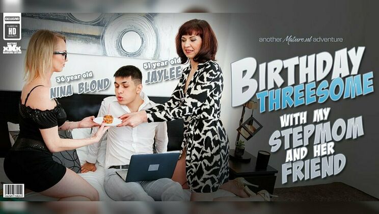 [Mature.nl] - Blonde babe Laura and stepmom Jaylee give stepson a double BJ